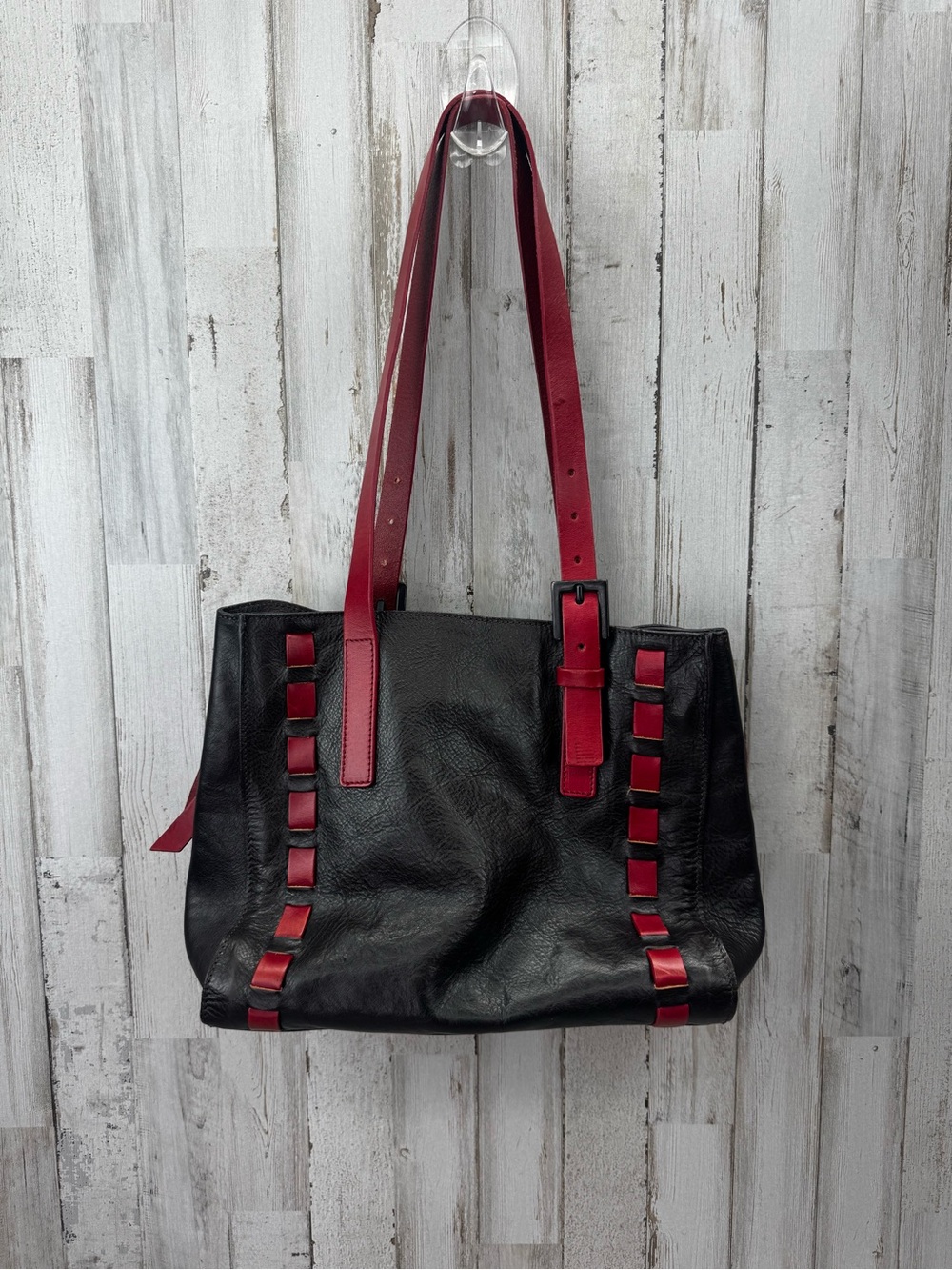 FalorBlack Leather Shoulder Tote with Red Strap Accents